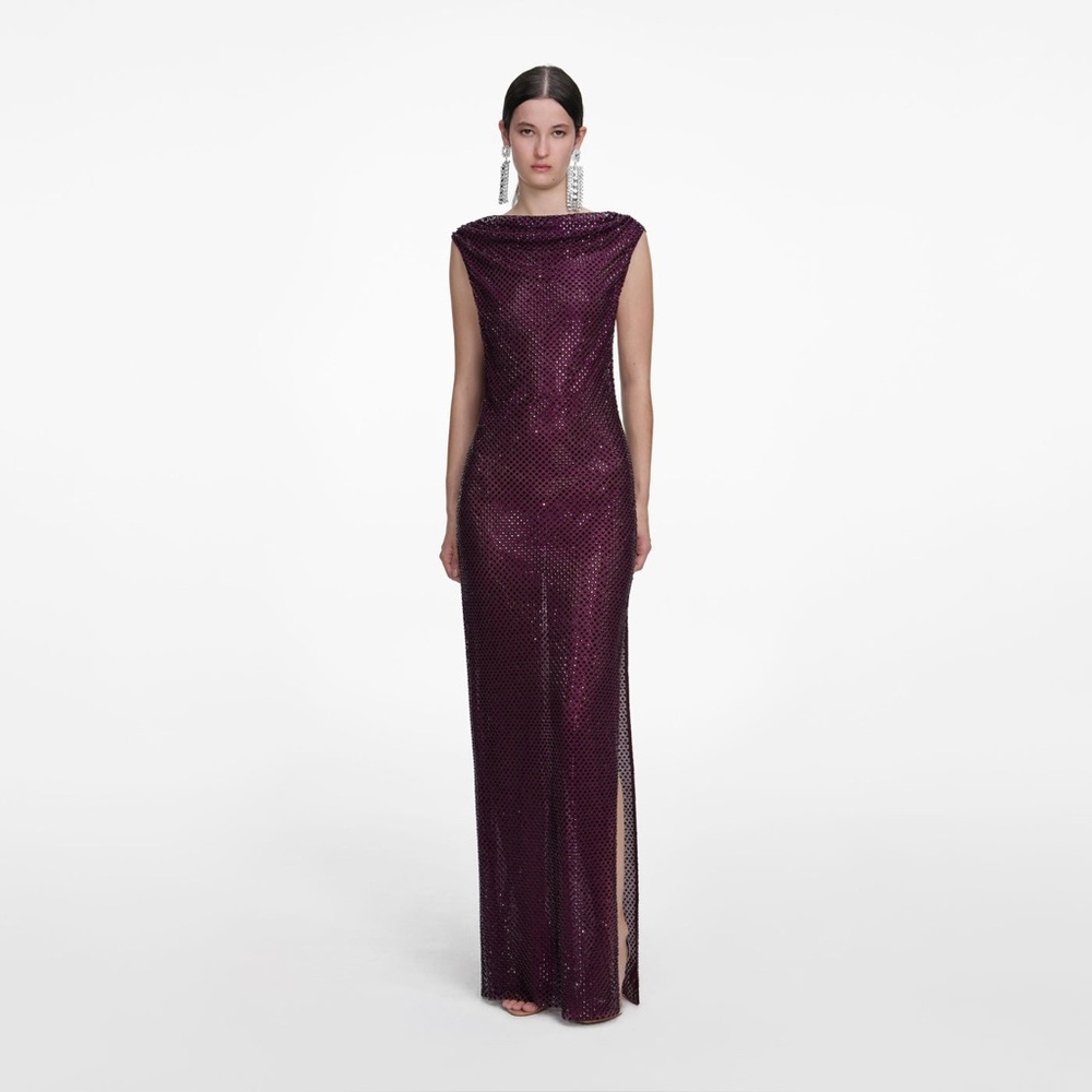 Self Portrait BURGUNDY RHINESTONE DRAPE MAXI DRESS